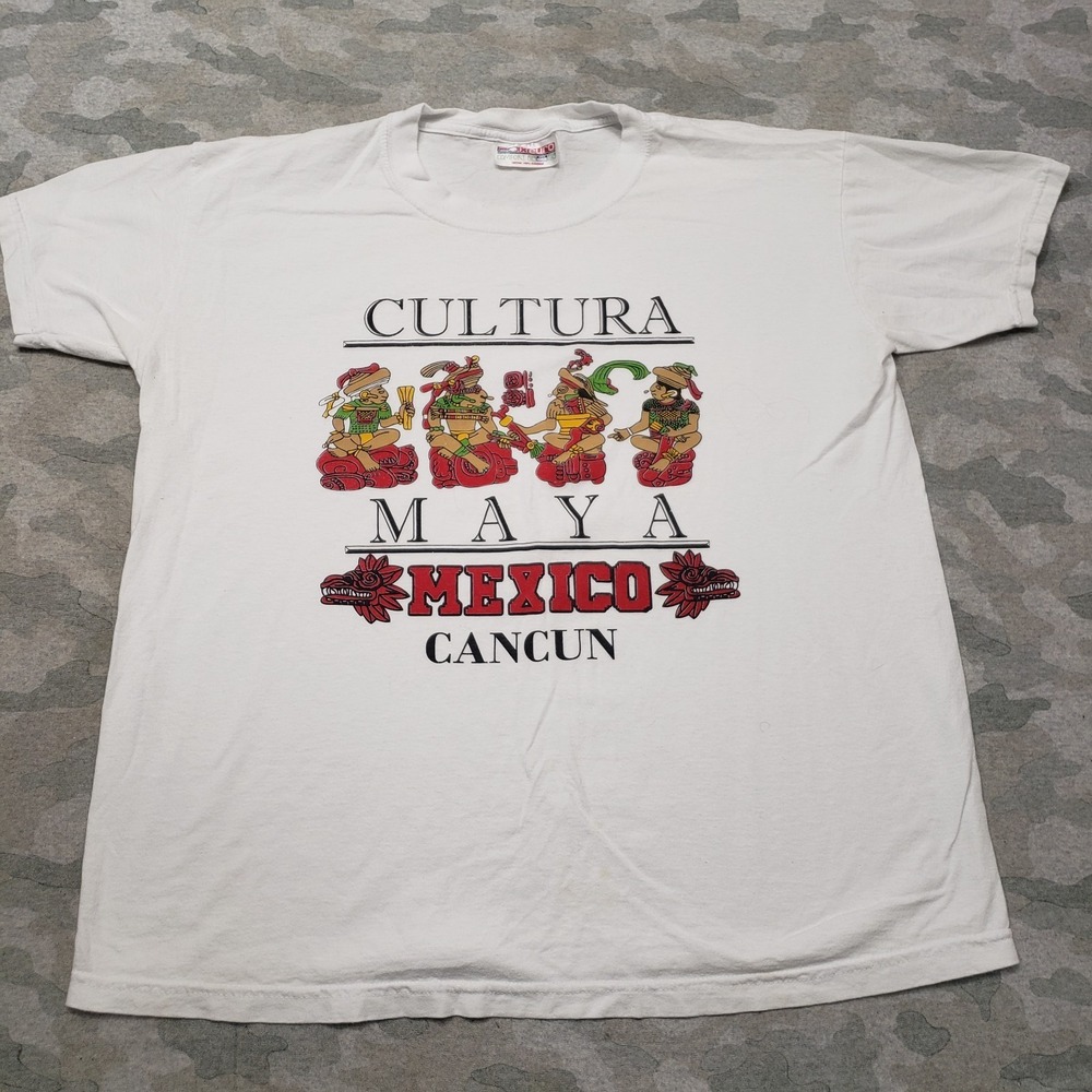 Euro Cultura Maya Mexico Cancun Shirt Mens XL White Short Sleeve